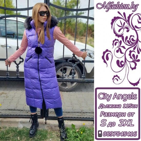 Дамски, дълъг елек с качулка, 115см, City Angels Jeans, Лила, 6806